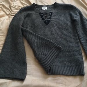 Bell Sleeve Army Green Sweater with Black Ties